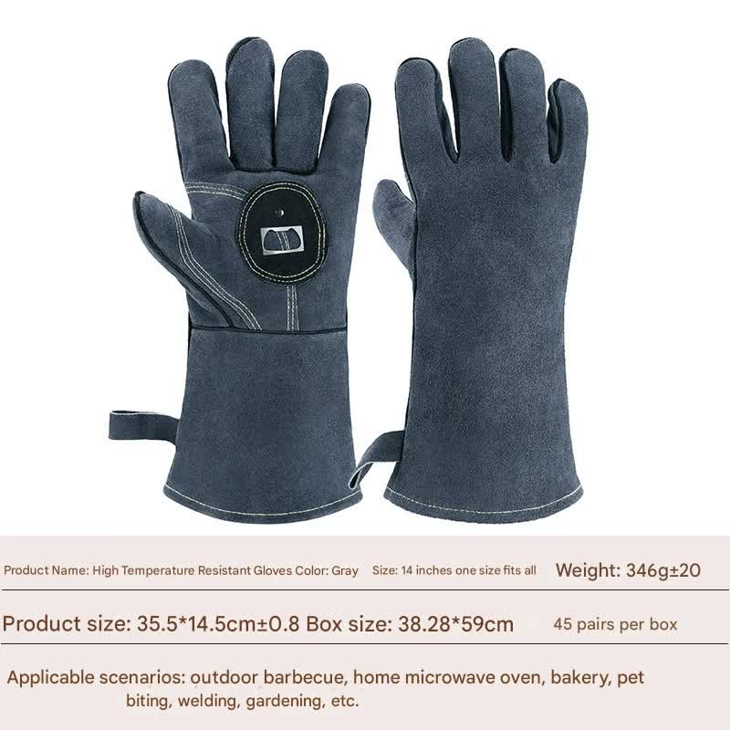 Heavy-Duty Leather Heat Resistant Gloves - 500°C BBQ, Welding & Oven Mitts with Long Cuffs(Grey With bottle opener)