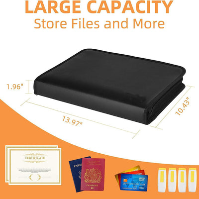 Fireproof & Waterproof Expanding File Folder Organizer with Zipper - Large Capacity Document Safe Bag(Black no-handle model)
