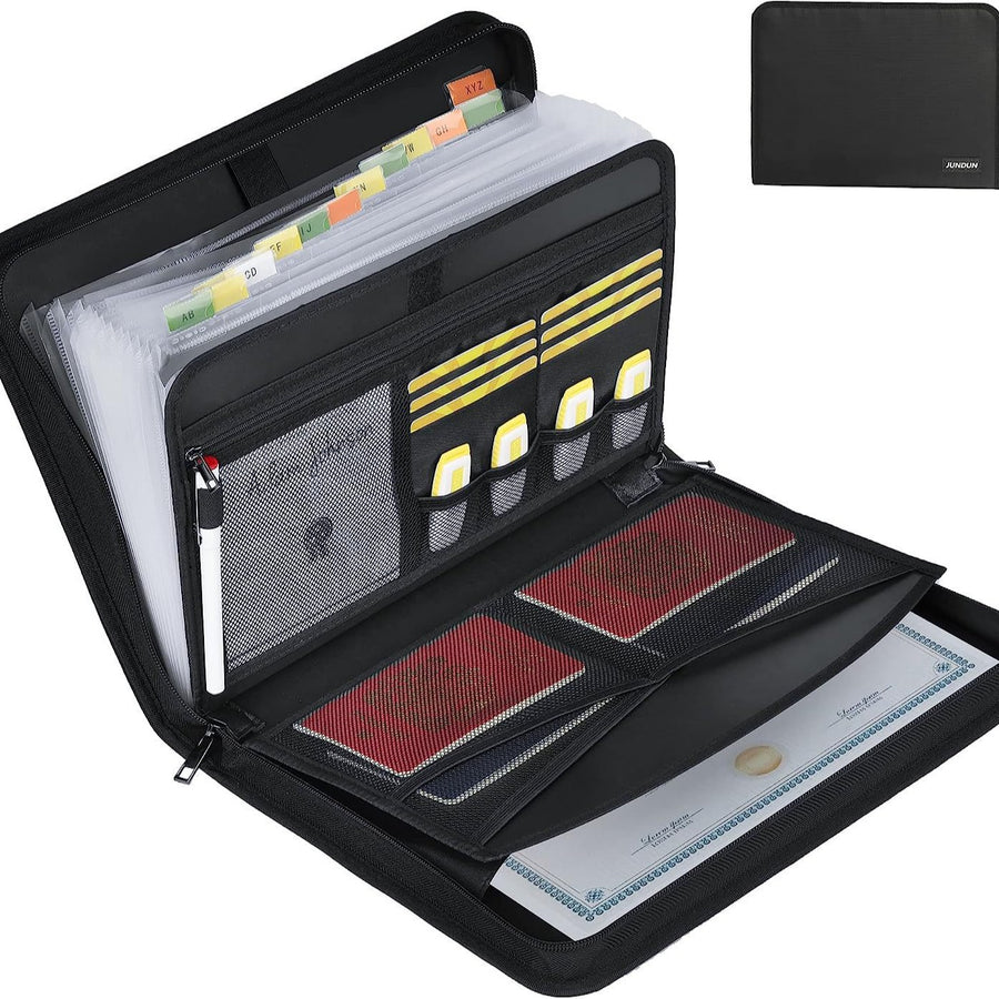 Fireproof & Waterproof Expanding File Folder Organizer with Zipper - Large Capacity Document Safe Bag(Black with handle model)
