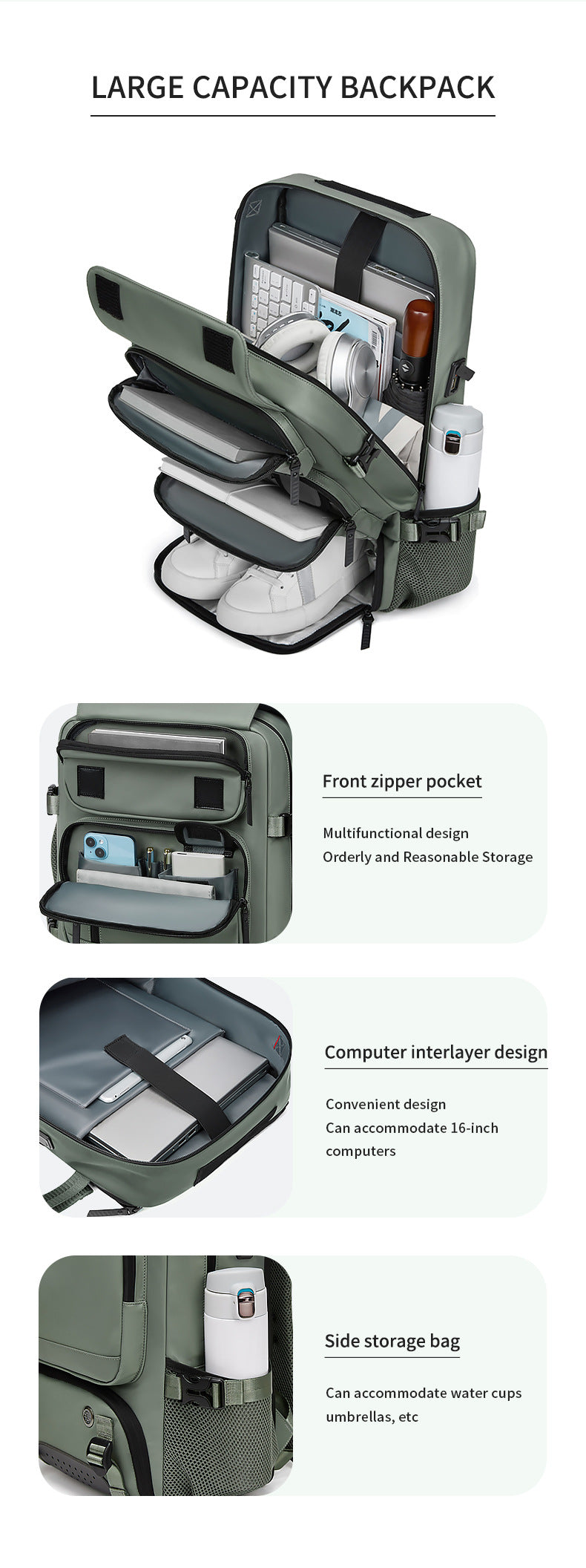 4-in-1 Convertible Travel Backpack & Briefcase - Large Capacity, 16" Laptop Compartment, USB Port(Army Green)