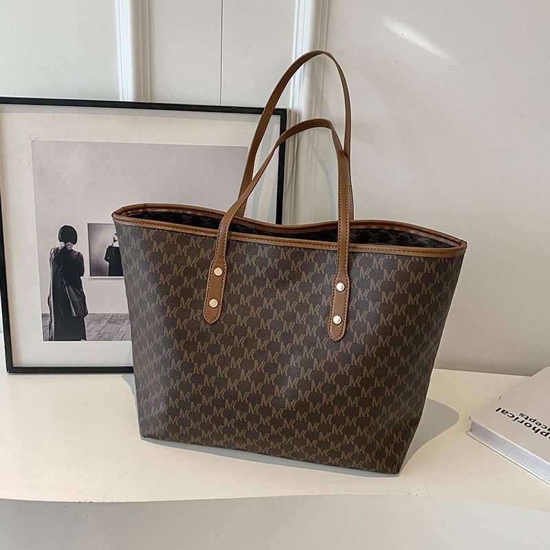 Coffee Chic Monogram Print Tote Bag - Large Capacity Shoulder Handbag for Work & Commuting