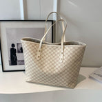 Beige Chic Monogram Print Tote Bag - Large Capacity Shoulder Handbag for Work & Commuting