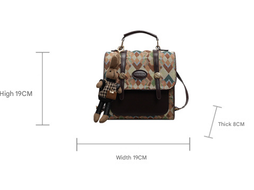 Blue Vintage Geometric Print Convertible Mini Backpack - 3-Way Satchel with Cute Bunny Charm