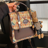 Khaki Vintage Geometric Print Convertible Mini Backpack - 3-Way Satchel with Cute Bunny Charm