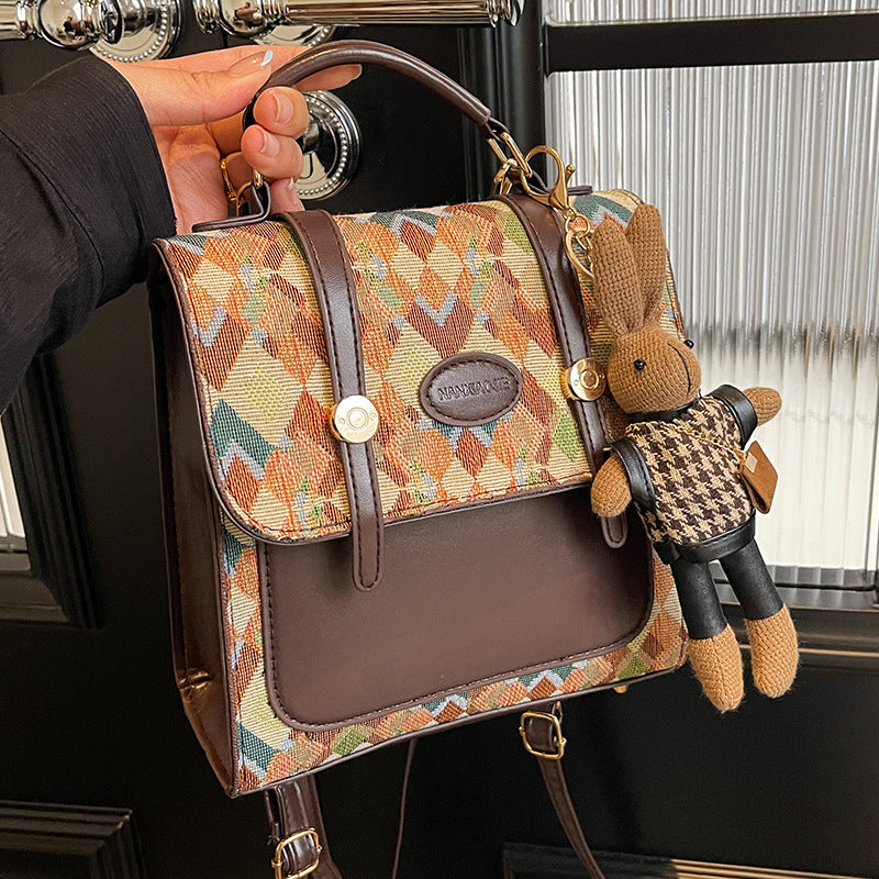 Khaki Vintage Geometric Print Convertible Mini Backpack - 3-Way Satchel with Cute Bunny Charm