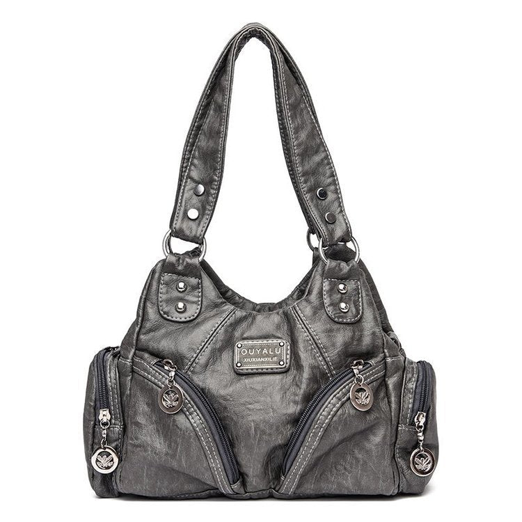 Grey Vintage Soft Leather Hobo Bag for Women - Multi-Pocket Shoulder Purse & Crossbody Handbag