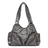 Grey Vintage Soft Leather Hobo Bag for Women - Multi-Pocket Shoulder Purse & Crossbody Handbag