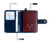 Black DIY Canvas Passport Holder with 4 Random Patches - Customizable Travel Document Wallet - Front View