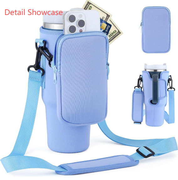 Pink Crossbody Tumbler Carrier with Detachable Wallet Pouch and Adjustable Strap