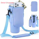 Green Crossbody Tumbler Carrier with Detachable Wallet Pouch and Adjustable Strap - Front View