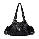 Black Women's Vintage Studded Hobo Bag - Soft Washed Leather Multi-Pocket Shoulder & Crossbody Purse