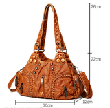 Black Women's Vintage Studded Hobo Bag - Soft Washed Leather Multi-Pocket Shoulder & Crossbody Purse - Front View