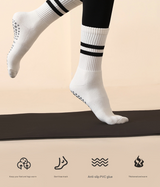 White (3-Pack) Unisex Striped Non-Slip Grip Socks - Cotton Crew Socks for Yoga, Pilates & Home Workouts - Side View