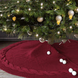 Festive Knit Christmas Tree Skirt - Acrylic Red Tree Mat with Pom-Poms 122cm - Front View