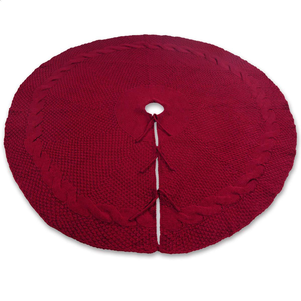 Festive Knit Christmas Tree Skirt - Acrylic Red Tree Mat with Pom-Poms 122cm
