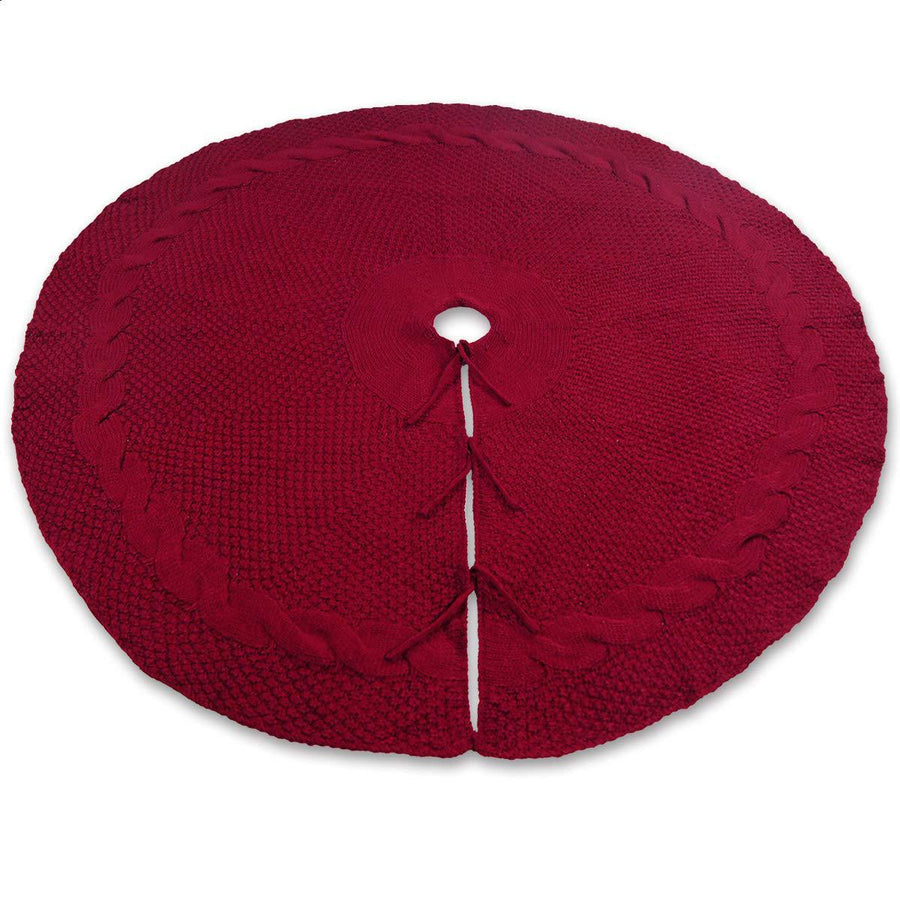 Festive Knit Christmas Tree Skirt - Acrylic Red Tree Mat with Pom-Poms 122cm