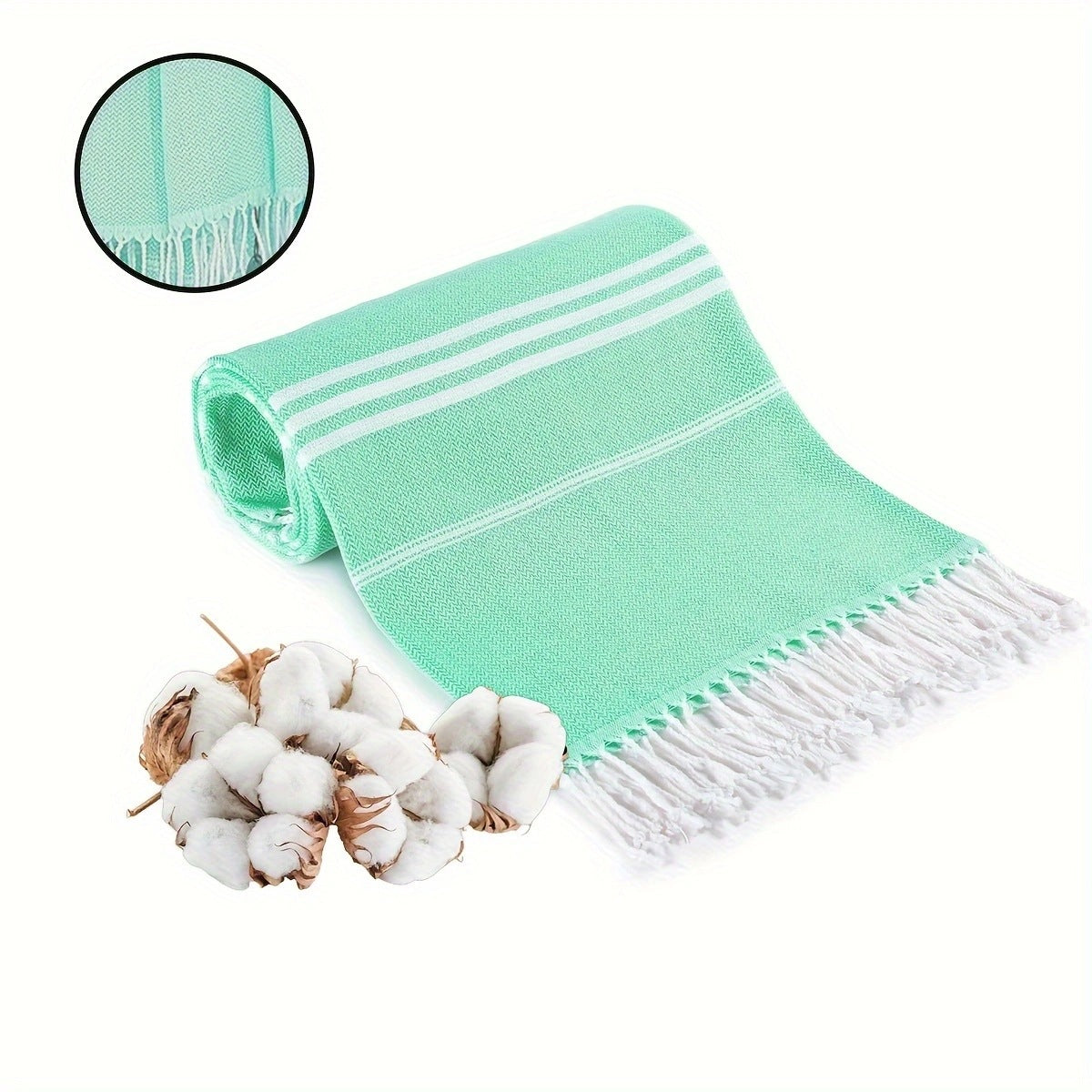 Green Chic Striped 100% Cotton Beach Towel with Tassels - Extra Large & Absorbent (180x90cm)