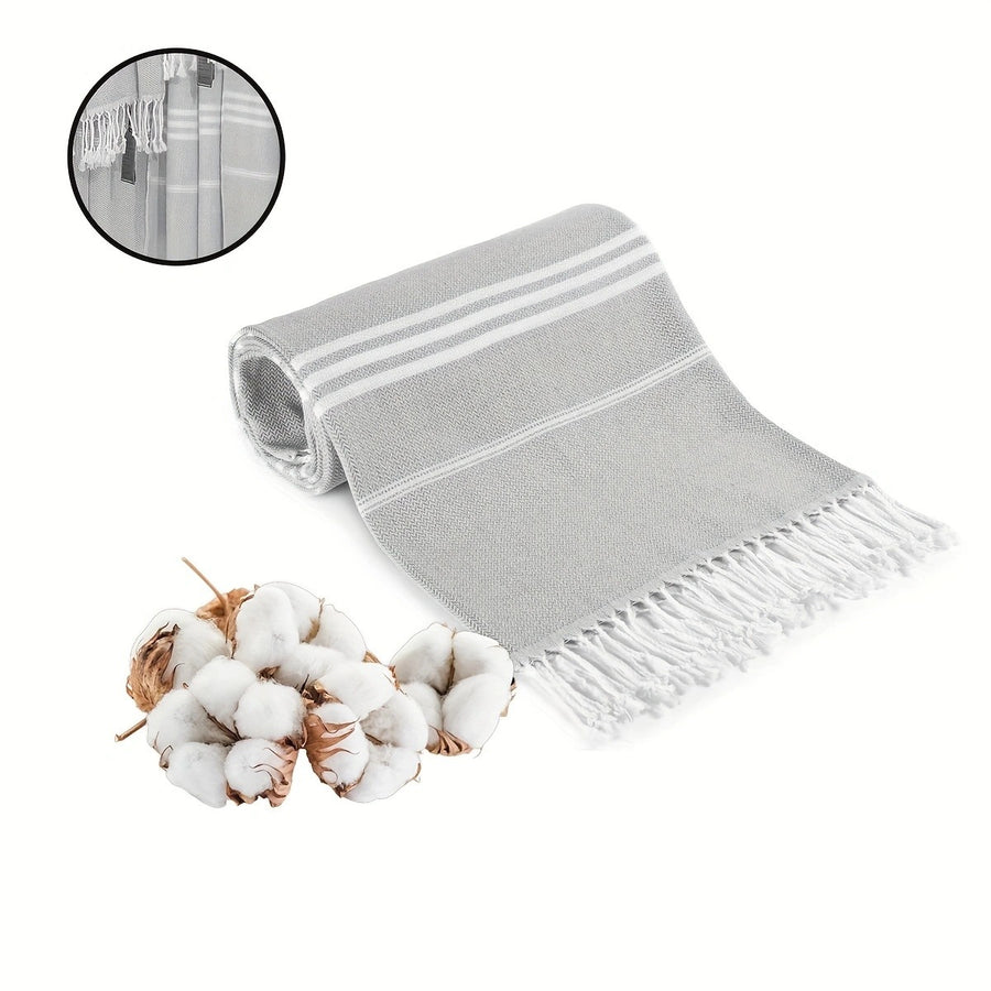 Grey Chic Striped 100% Cotton Beach Towel with Tassels - Extra Large & Absorbent (180x90cm)