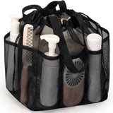 Black Large Multi-Pocket Mesh Beach Tote Bag - Quick-Dry Travel & Gym Organizer with Drawstring Closure