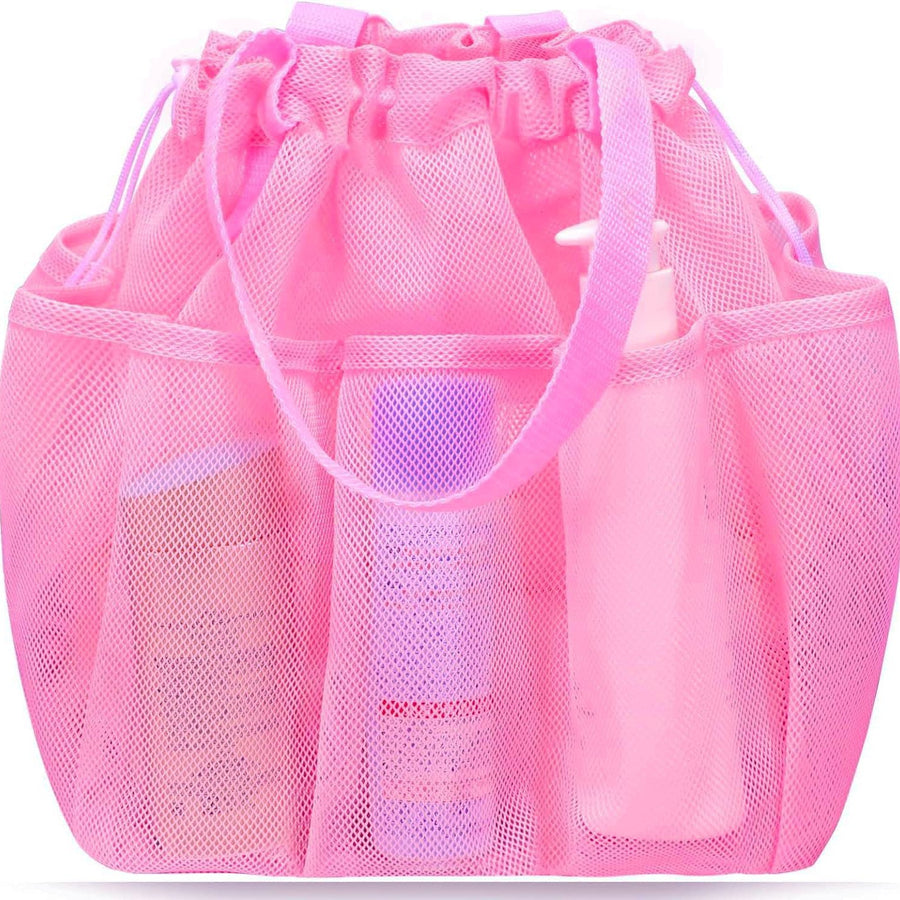 Pink Large Multi-Pocket Mesh Beach Tote Bag - Quick-Dry Travel & Gym Organizer with Drawstring Closure