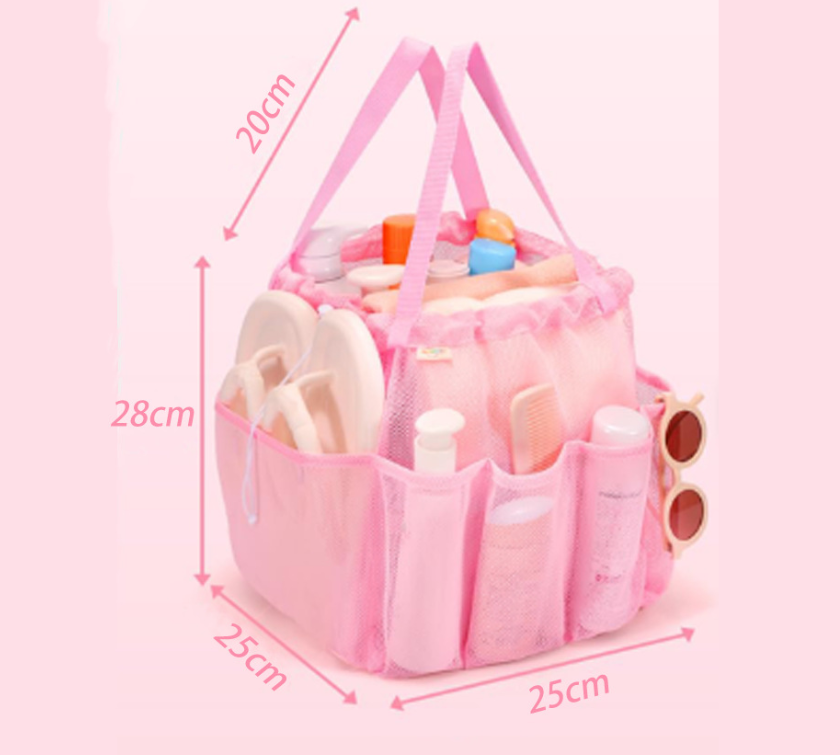 Pink Large Multi-Pocket Mesh Beach Tote Bag - Quick-Dry Travel & Gym Organizer with Drawstring Closure