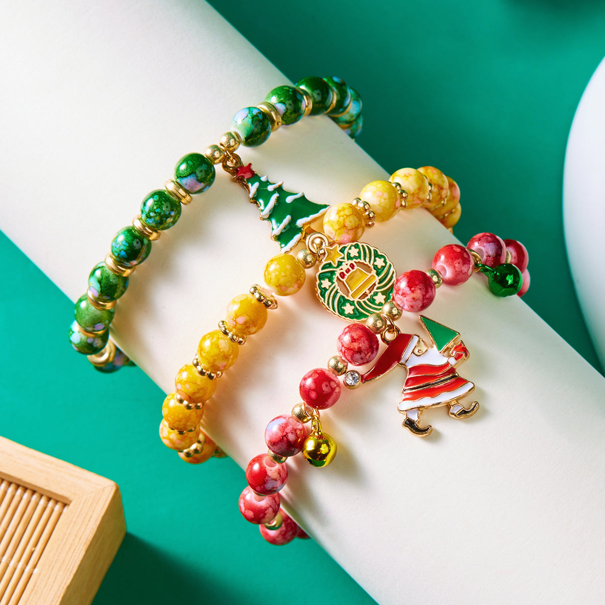 (12-Pack) Festive Christmas Beaded Charm Bracelet Set- Santa, Snowman & Reindeer Jewelry