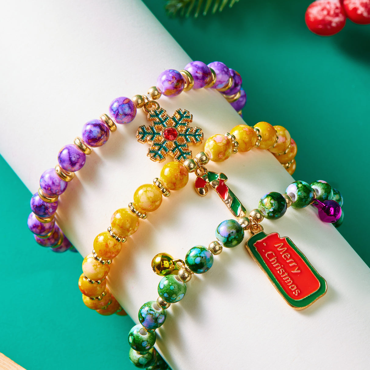 (12-Pack) Festive Christmas Beaded Charm Bracelet Set- Santa, Snowman & Reindeer Jewelry