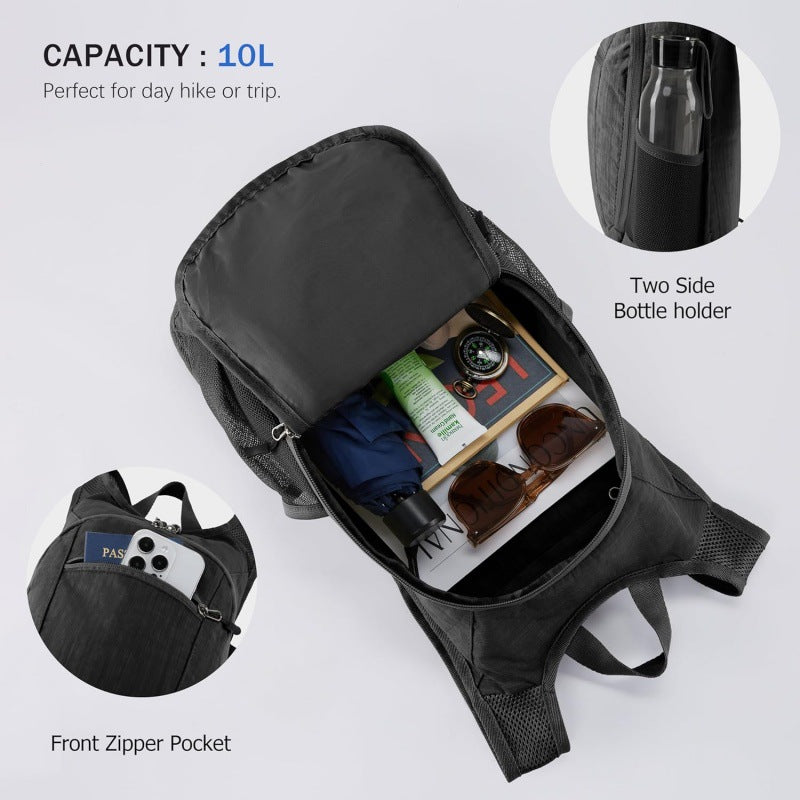 Black Ultra-Lightweight Packable Backpack (10L) - Foldable Daypack for Travel, Hiking & Sports