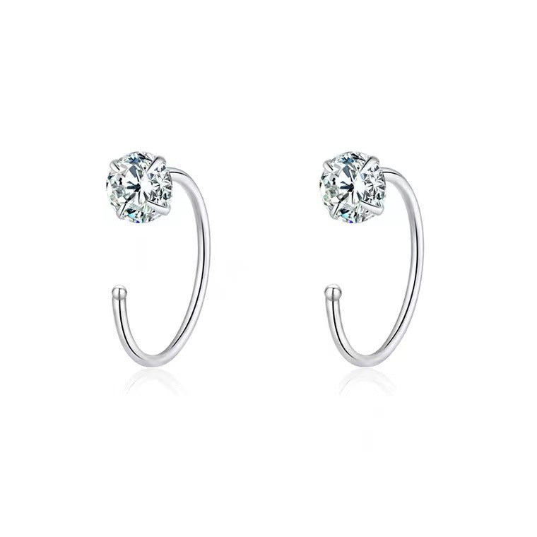 6mm  (4-Pair Set) Minimalist C-Shaped Hoop Earrings with CZ Studs - S999 Sterling Silver