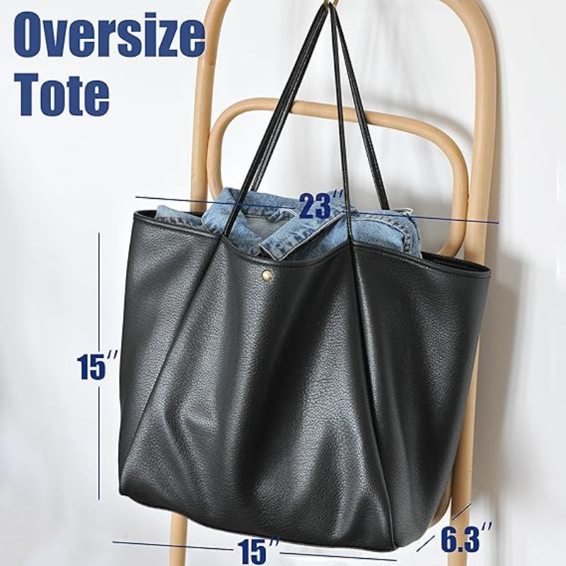 Beige Classic Oversized Tote Bag - Soft Faux Leather Shoulder Purse for Work, Travel & Everyday Use