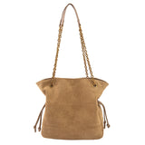 Khaki Chic Suede Hobo Bag for Women - Versatile Tote with Drawstring, Large Capacity Commuter Bucket Bag