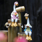 Garden Cartoon Reading Duck Couple Figurines - Outdoor Courtyard, Villa, Farm Landscape Decor Crafts - Front View