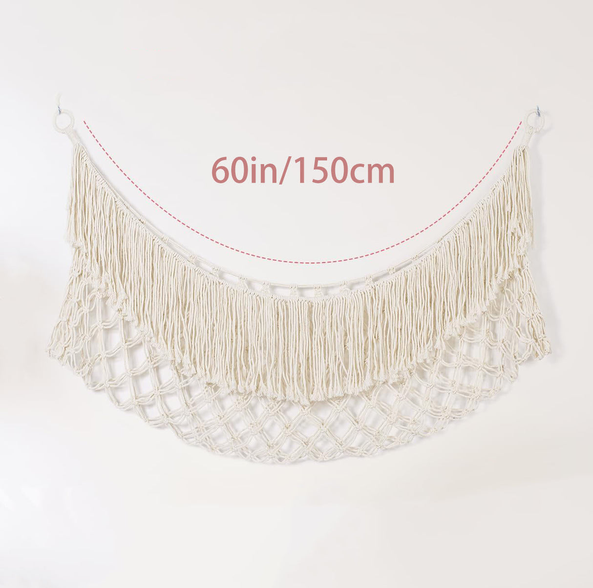 White Hand-Woven Cotton Rope Plush Toy Hammock - Wall Organizer with Tassels, Decorative Toy Net (150 x 40cm)