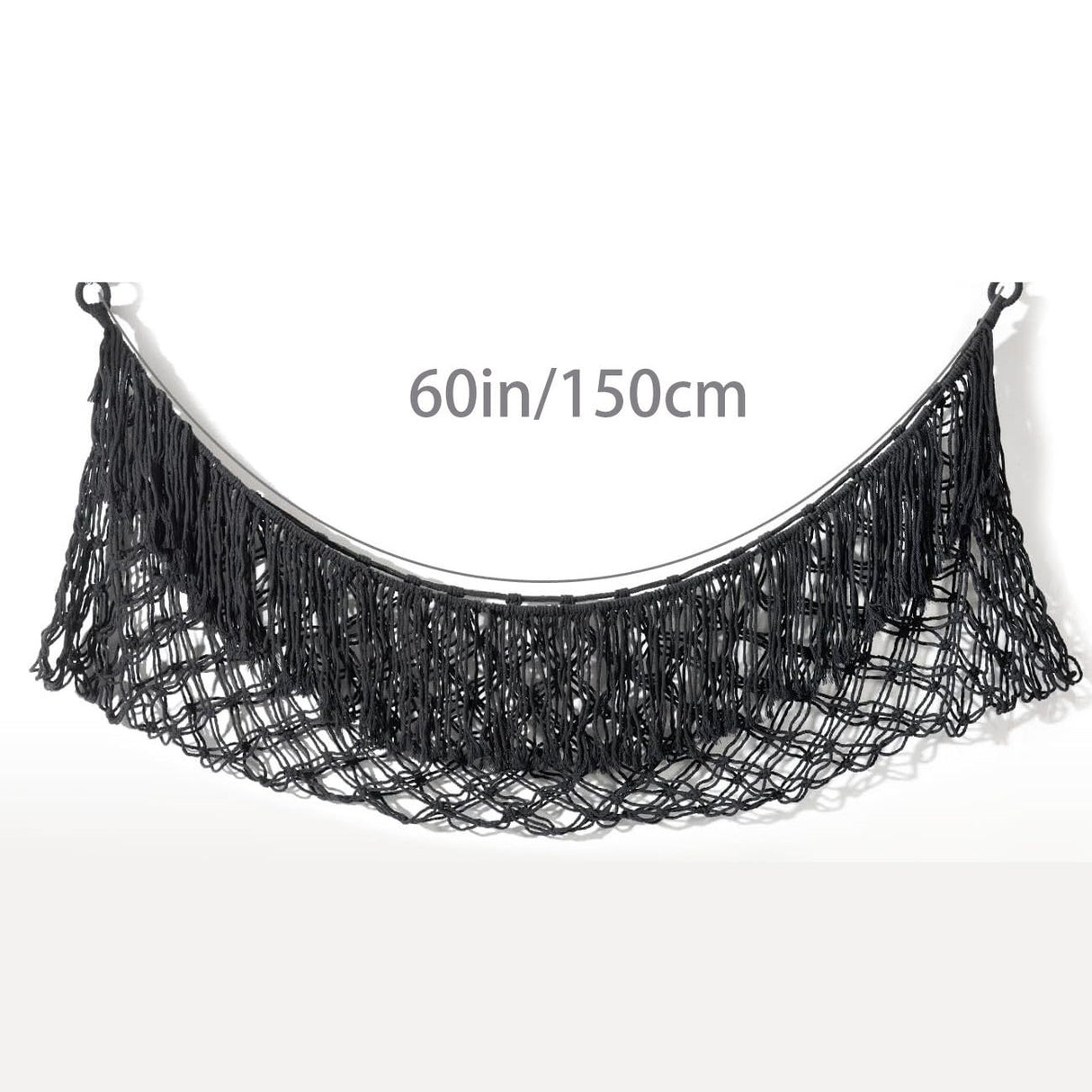 Black Hand-Woven Cotton Rope Plush Toy Hammock - Wall Organizer with Tassels, Decorative Toy Net (150 x 40cm)