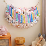 Purple Hand-Woven Cotton Rope Plush Toy Hammock - Wall Organizer with Tassels, Decorative Toy Net (150 x 40cm)