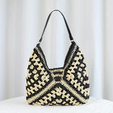 Black Stylish Woven Shoulder Bag - Fashionable Versatile Handbag & Crossbody Straw Beach Tote (39x27x39 cm)