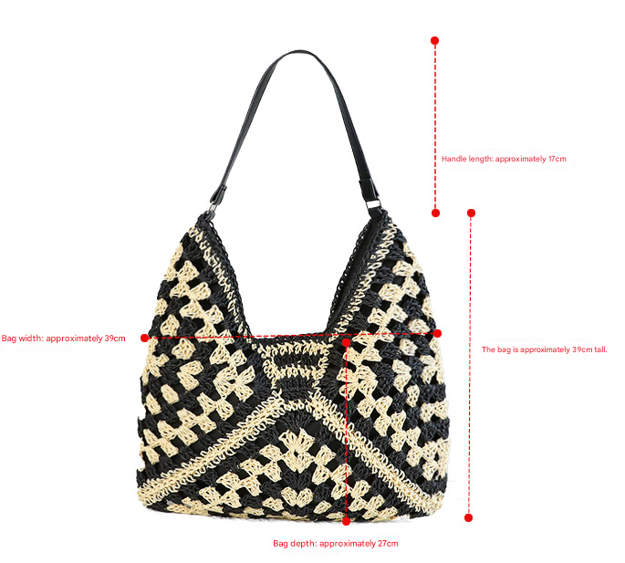 Black Stylish Woven Shoulder Bag - Fashionable Versatile Handbag & Crossbody Straw Beach Tote (39x27x39 cm)