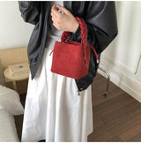 Red Retro Maillard Brown Mini Bag - 2025 New Casual Versatile Women's Crossbody & Exquisite Braided Handle Bucket Bag (15x12x14 cm) - Top-Down View