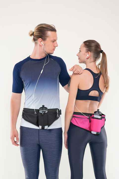 Dark Grey Adjustable Running Waist Pack with Water Bottle Holder, Reflective Design, and Multiple Storage Pockets for Outdoor Activities