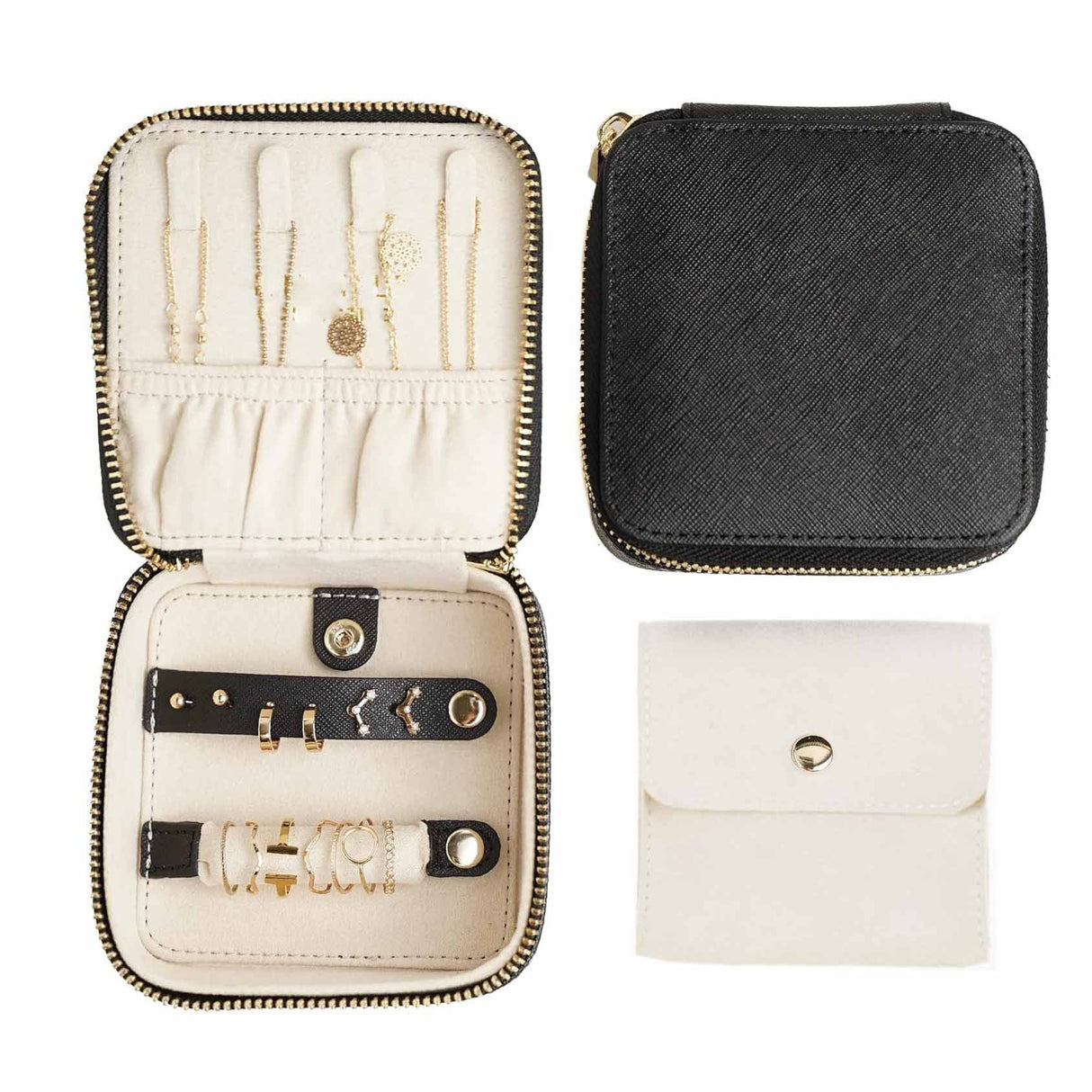 Black "Small But Mighty" Leather Jewelry Box - Portable Organizer for Earrings, Necklaces, Rings & More (4x4x2 inches)