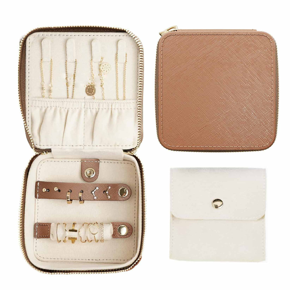 Brown "Small But Mighty" Leather Jewelry Box - Portable Organizer for Earrings, Necklaces, Rings & More (4x4x2 inches)