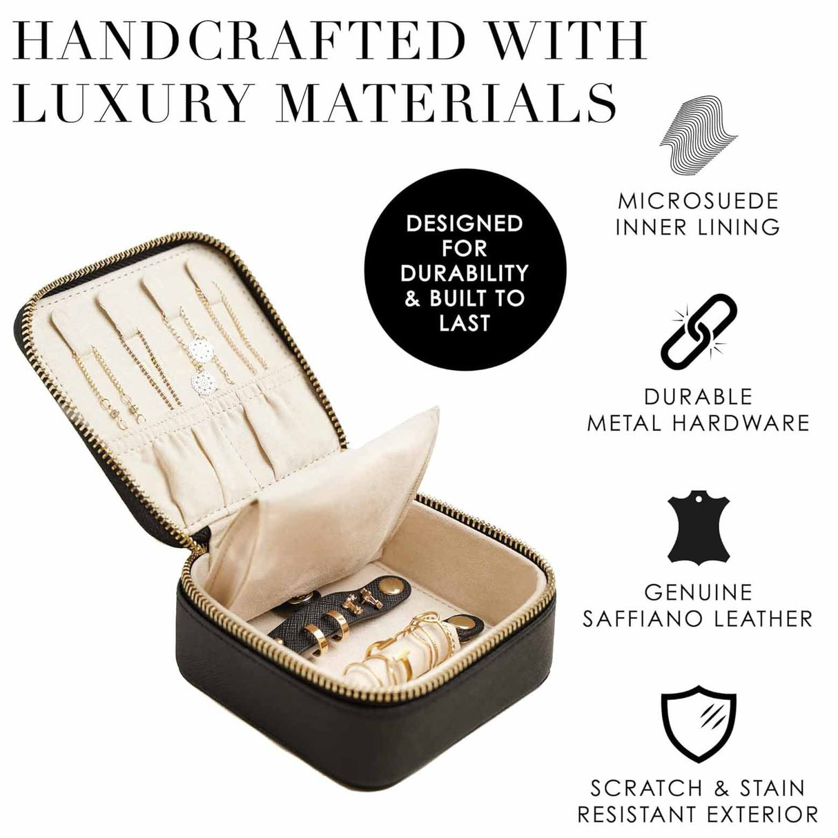 Brown "Small But Mighty" Leather Jewelry Box - Portable Organizer for Earrings, Necklaces, Rings & More (4x4x2 inches)