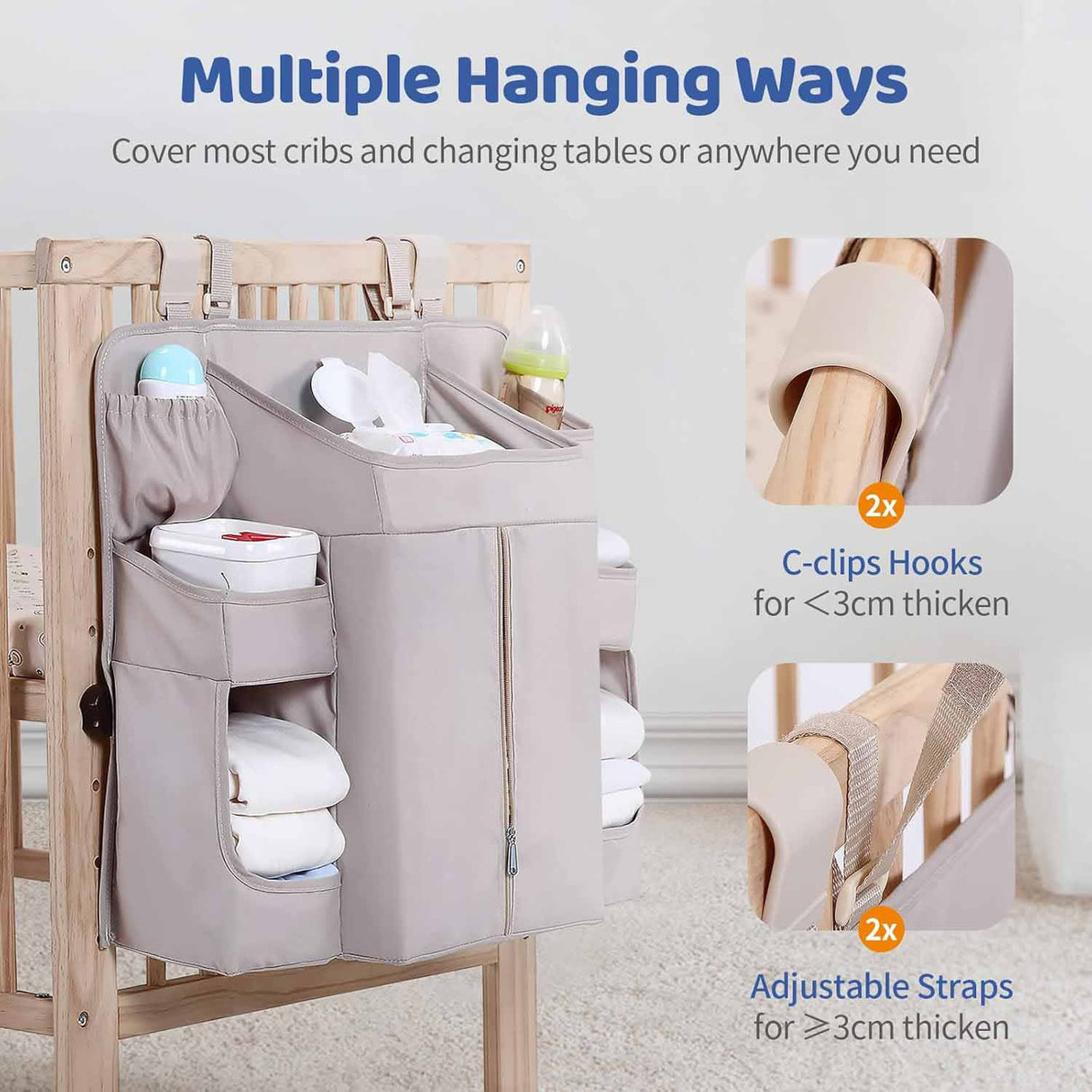 Light Grey Nursery Storage Organizer - Heavy Duty Reinforced Hanging Diaper Caddy for Crib or Wall (58x30x50 cm)