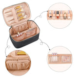 Pink Large Capacity Travel Makeup Bag Portable Cosmetic Case with Handle and Dividers Elegant Toiletry Organizer for Daily Use - Top-Down View