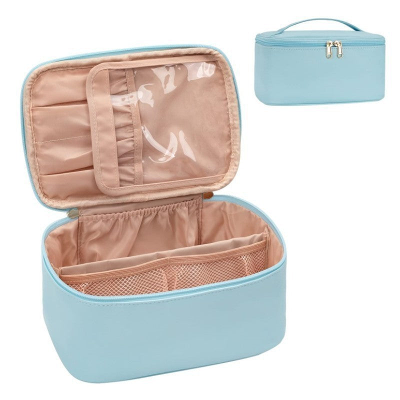 Blue Large Capacity Travel Makeup Bag Portable Cosmetic Case with Handle and Dividers Elegant Toiletry Organizer for Daily Use