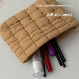 Dark Brown 2 Pack Quilted Puffer Clutch Bag Set Checkered Makeup Pouch Women Fashion Cosmetic Organiser for Travel and Daily Use - Front View