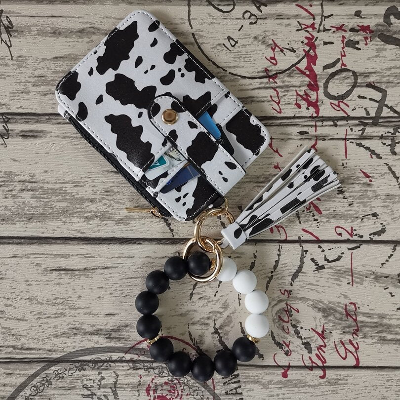 2 Pack Black-white Silicone Beaded Wristlet Keychain Wallet Bangle with Tassel PU Leather ID Card Holder for Women Hands Free Key Ring Organiser