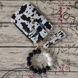 2 Pack Black-white Silicone Beaded Wristlet Keychain Wallet Bangle with Tassel PU Leather ID Card Holder for Women Hands Free Key Ring Organiser