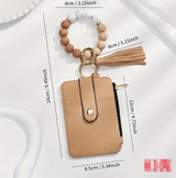 2 Pack Black-white Silicone Beaded Wristlet Keychain Wallet Bangle with Tassel PU Leather ID Card Holder for Women Hands Free Key Ring Organiser - Front View