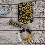 2 Pack Yellow Flower Silicone Beaded Wristlet Keychain Wallet Bangle with Tassel PU Leather ID Card Holder for Women Hands Free Key Ring Organiser